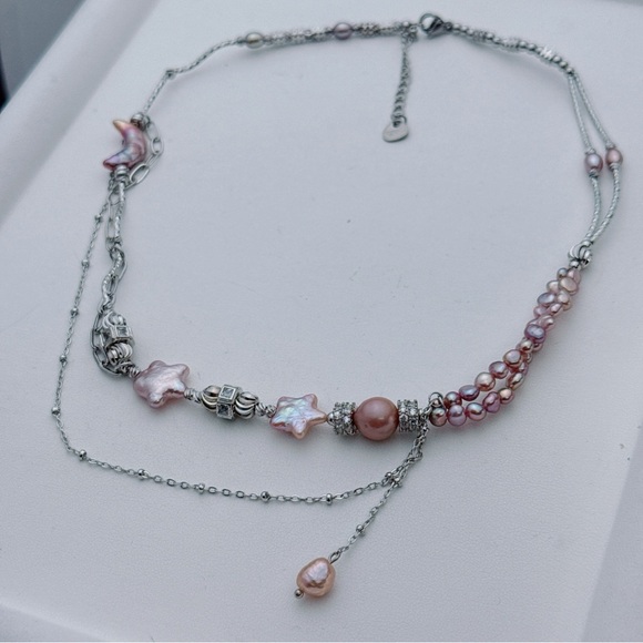 X802 Handmade Freshwater Moon&Star Baroque Pearl Dainty Necklace - Picture 10 of 11